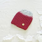 Hand Knit Beanie in red, grey and ivory. Acrylic yarn. Adult sized