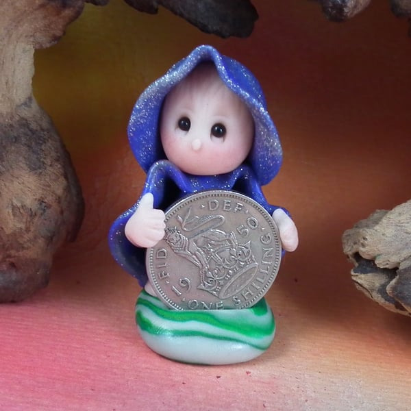 Tiny Shilling Gnome 'Norah' with 1950 shilling OOAK Sculpt Ann Galvin