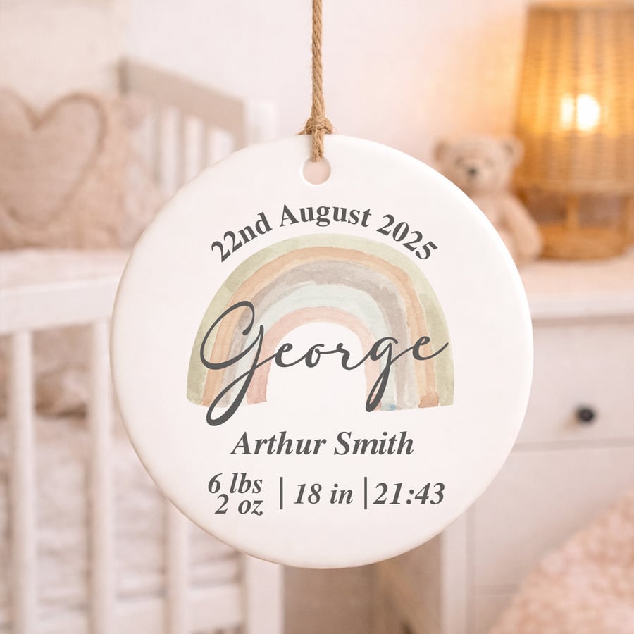 Personalised Baby Birth Stats Ornament – Rainbow New Baby Keepsake Gift 