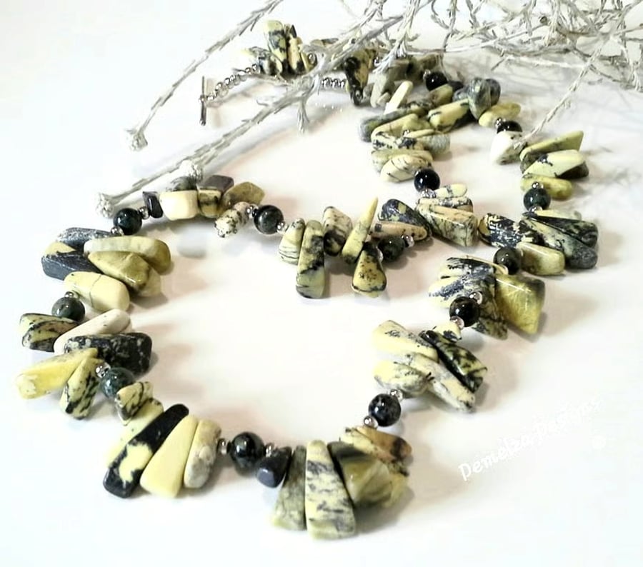 SOLD Designer Serpentine & Apatite & Prehnite Silver Plated Necklace & Bracelet 