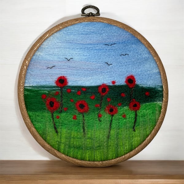 Poppy field, needle felted hoop art