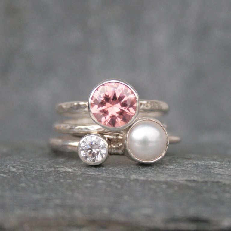Sterling silver stacking rings, Cubic zirconia and pearl rings, anniversary gift
