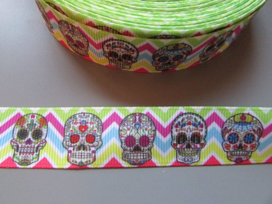 Multicoloured Chevron Sugar Skull Calaveras Day of the dead Grosgrain Ribbon x 1