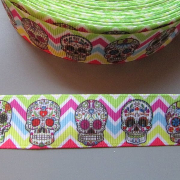 Multicoloured Chevron Sugar Skull Calaveras Day of the dead Grosgrain Ribbon x 1