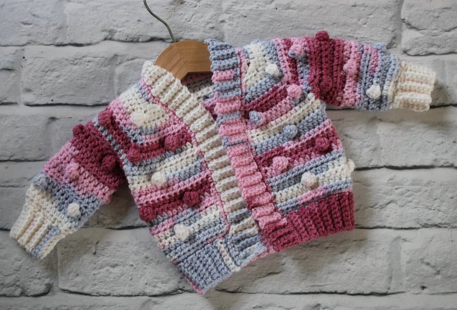 Newborn Cardigan - Bobble Cardigan for New Baby - Pink Cream Grey - Baby Gift