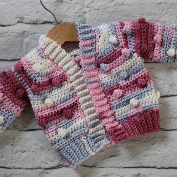 Newborn Cardigan - Bobble Cardigan for New Baby - Pink Cream Grey - Baby Gift