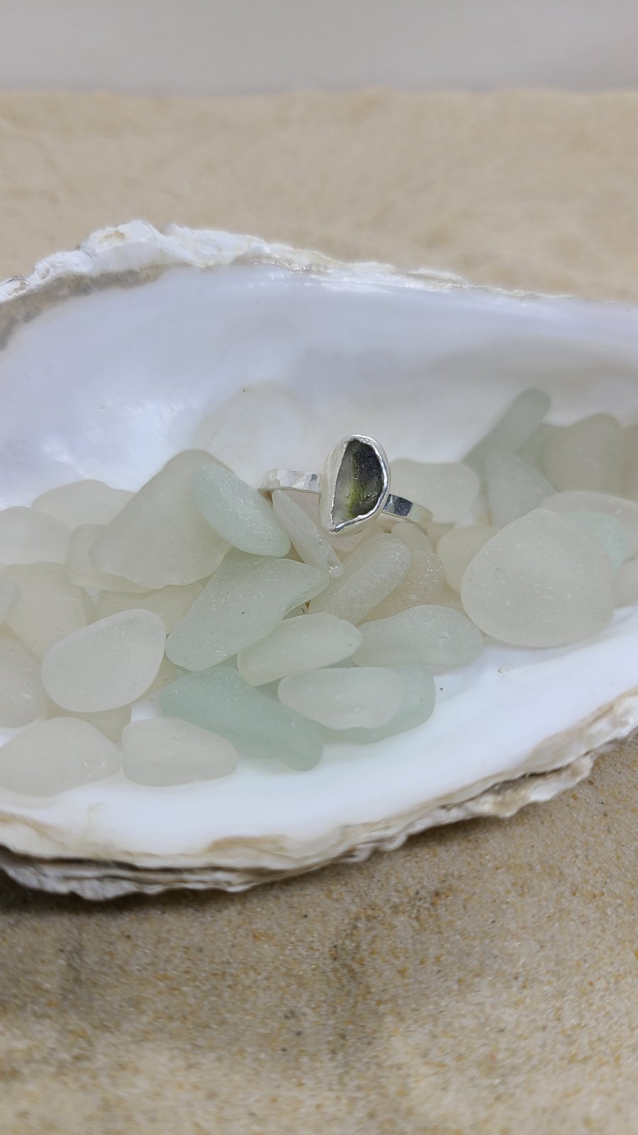 Green multi sea glass and silver ring SG14