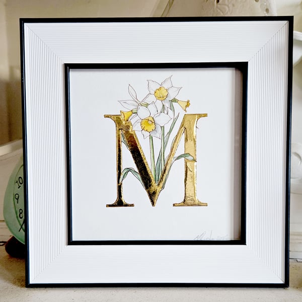 Watercolour art Narcissus with 24 carat gold leaf letter M.   Framed and signed.