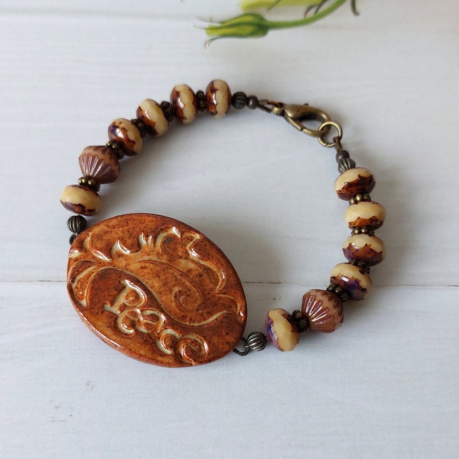 Brown Bead Peace Quotation Connector Bracelet 