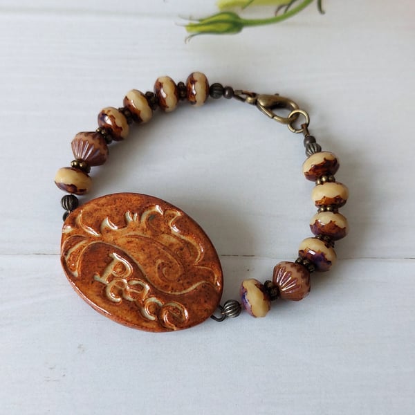 Brown Bead Peace Quotation Connector Bracelet 