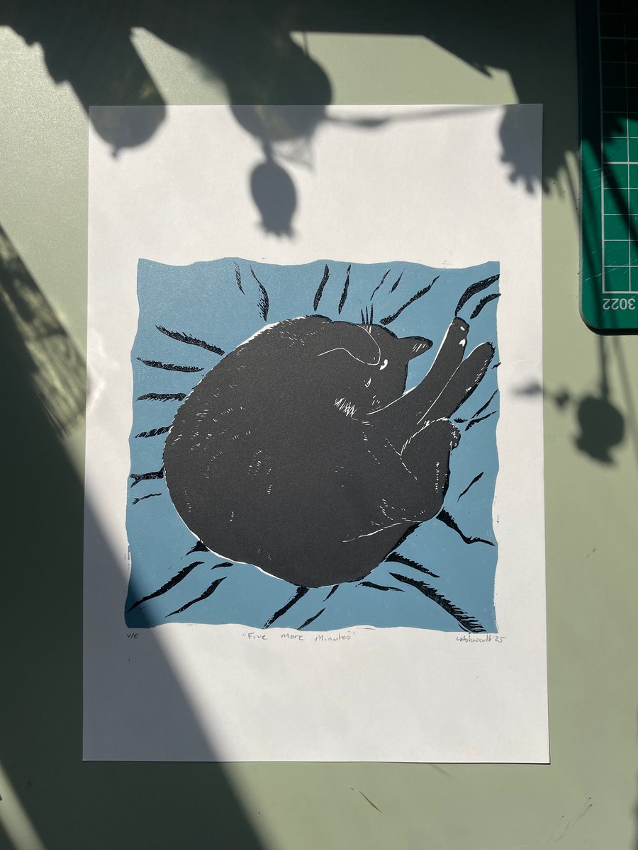 Five More Minutes - Original Lino Print Blue