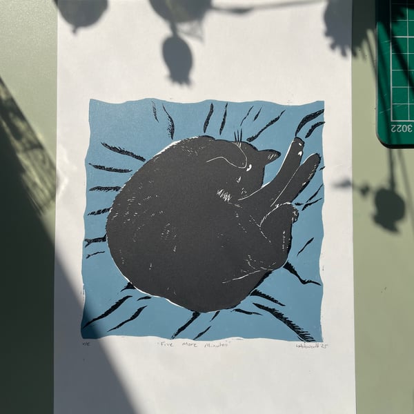 Five More Minutes - Original Lino Print Blue
