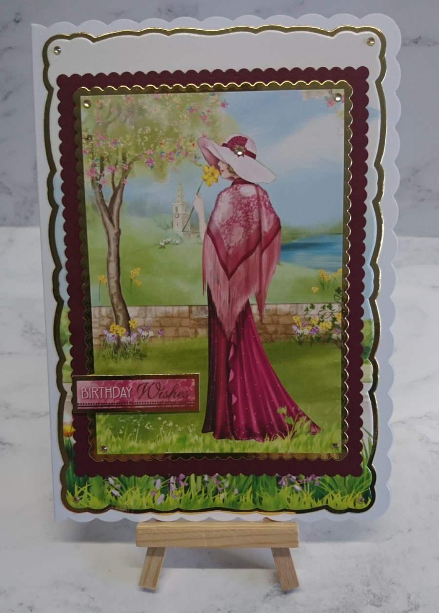 Art Deco Birthday Card 1920s Lady Dark Pink Birthday Wishes 3D Luxury Handmade
