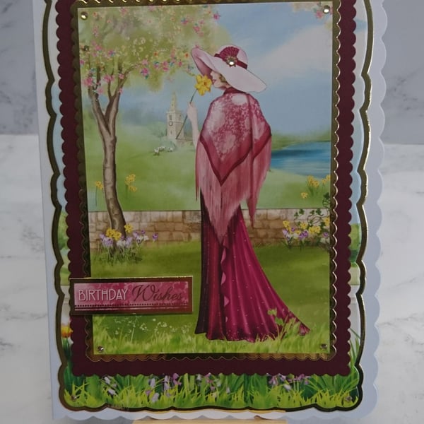 Art Deco Birthday Card 1920s Lady Dark Pink Birthday Wishes 3D Luxury Handmade