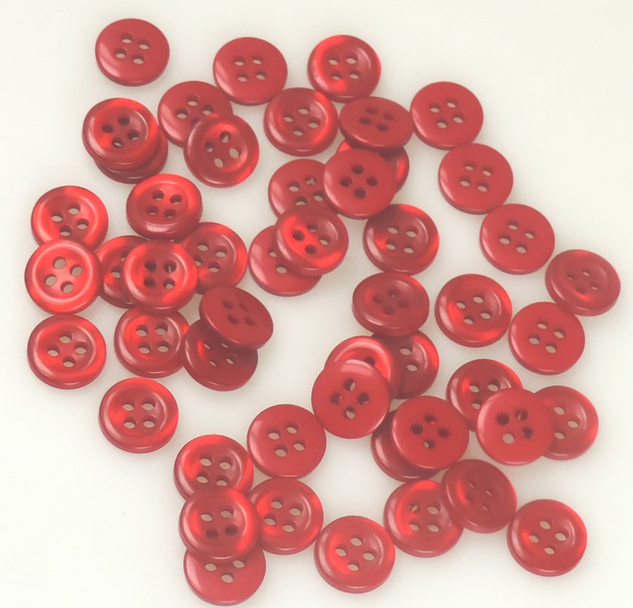 50 x 10mm Red four hole round buttons, Sewing, Crafts, Gifts.