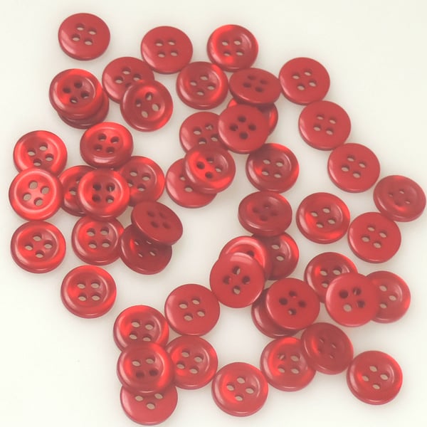 50 x 10mm Red four hole round buttons, Sewing, Crafts, Gifts.