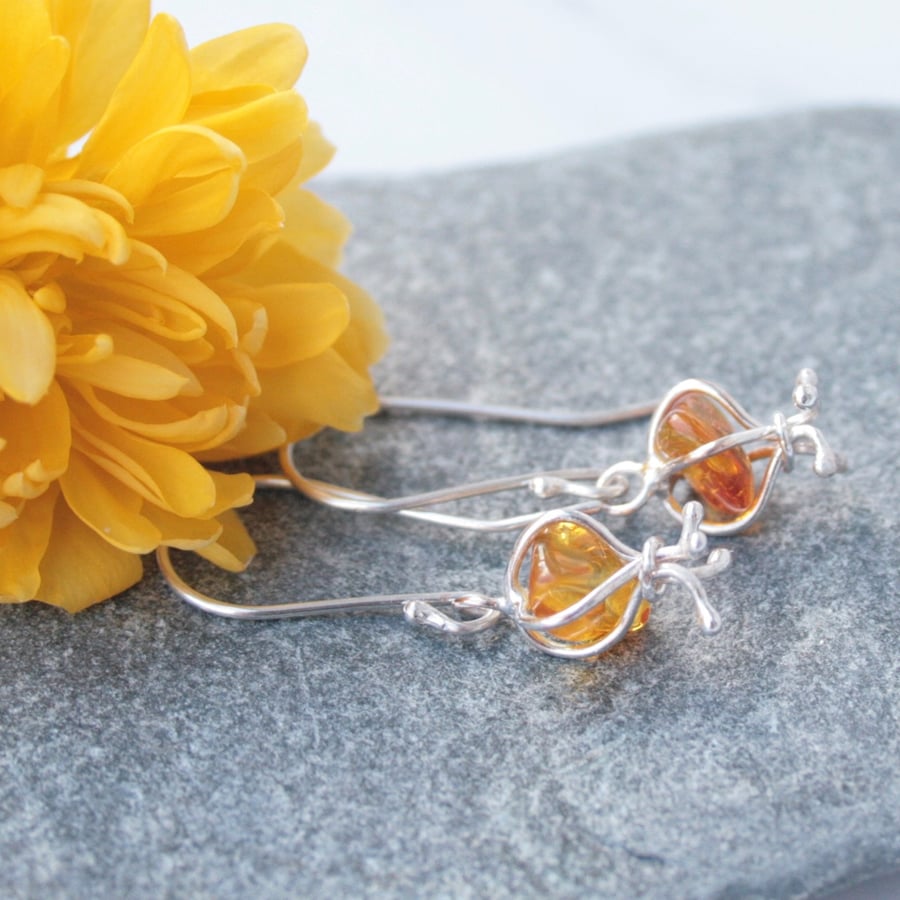 Long amber and silver earrings