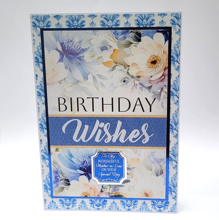 Mother-In-Law Birthday Card - Elegant Blue floral Birthday Wishes Card