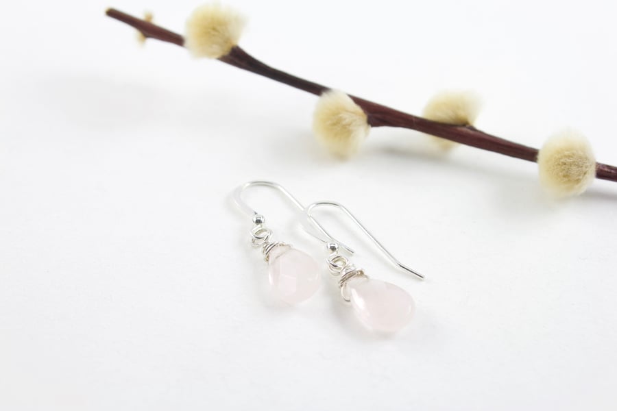 Silver Wire Wrapped Faceted Rose Quartz Briolette Drop Earrings