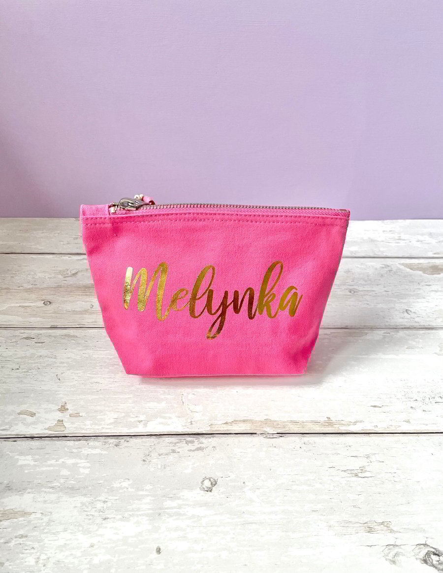 Hot Pink Custom Makeup Bag - Personalised Canvas Accessory Bag with Gold or Silv