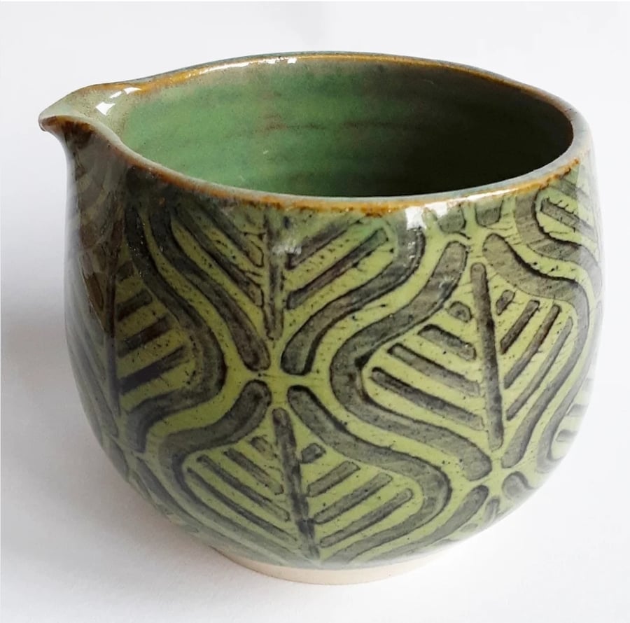 Matcha Bowl with Bamboo Scoop - Hand Thrown Stoneware Ceramic Green Glazed Mug 