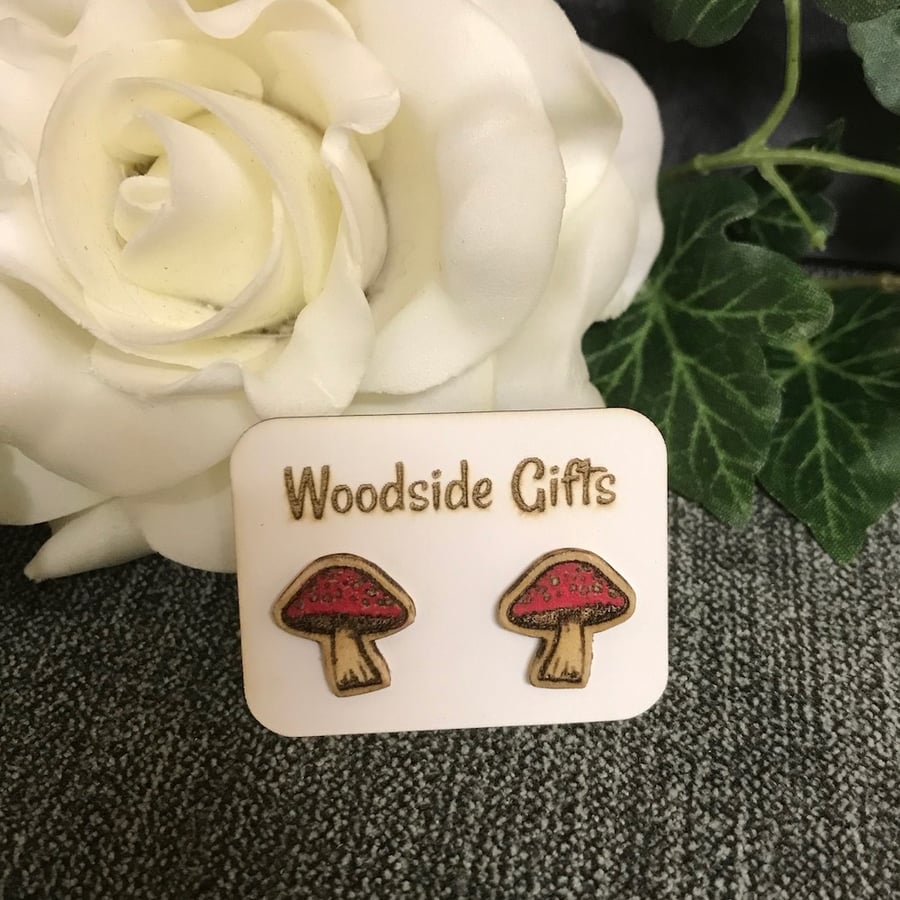Mushroom stud earrings, wooden hand painted laser engraved earrings