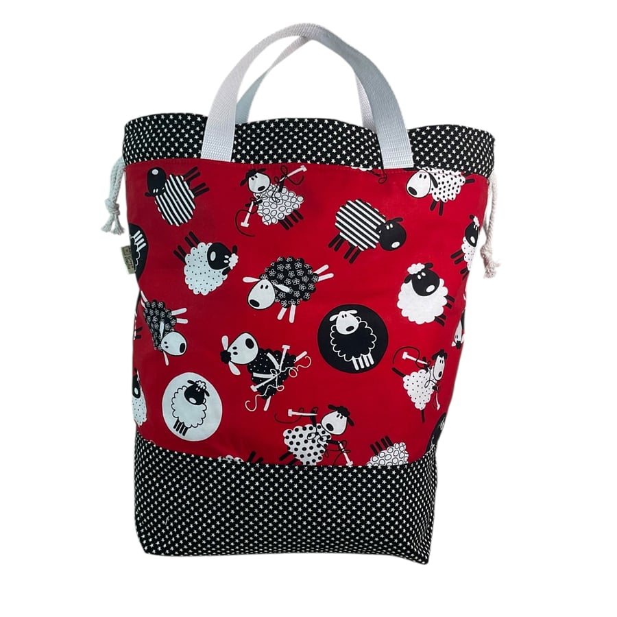 Extra Large drawstring cotton knitting and crafting bag, sheep multi pockets bag
