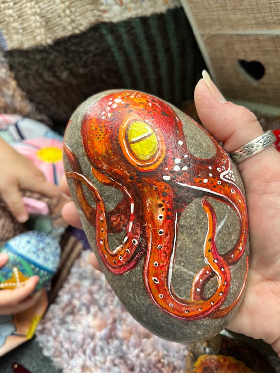 Red Octopus hand painted paperweight stone 