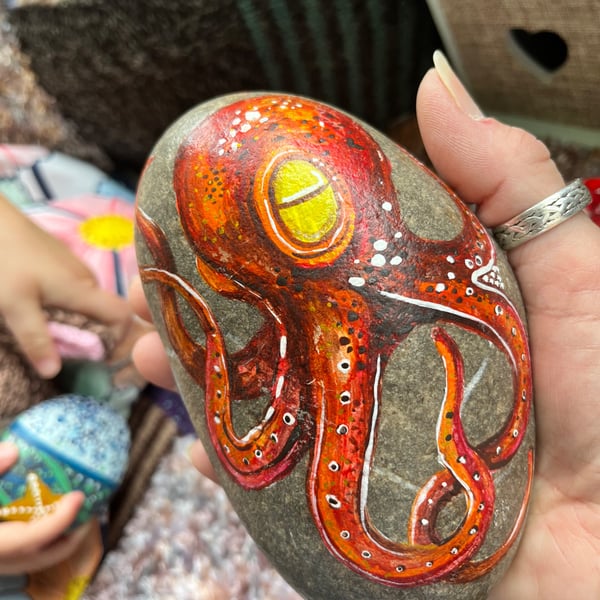 Red Octopus hand painted paperweight stone 