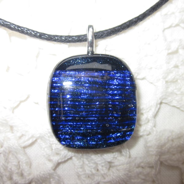 Handmade dichroic glass cabochon pendant - Prussian blue stripes 