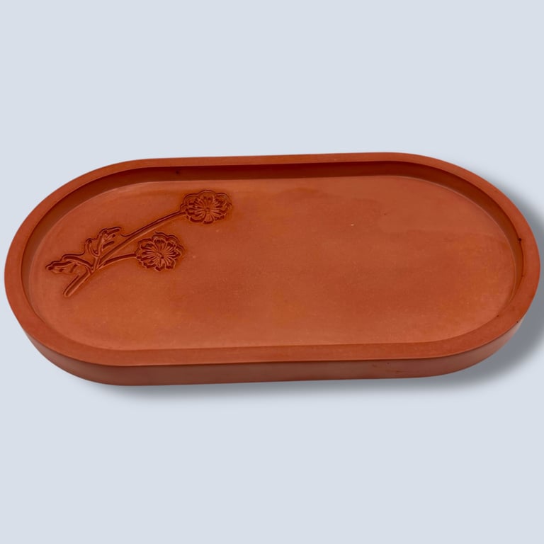 Terracotta Coloured Oval Catchall Tray With Floral Imprints 