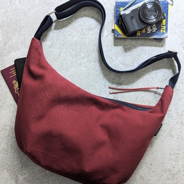Canvas Maroon Large Cross Body Dumpling Bag with Quirky Skeleton Lining 