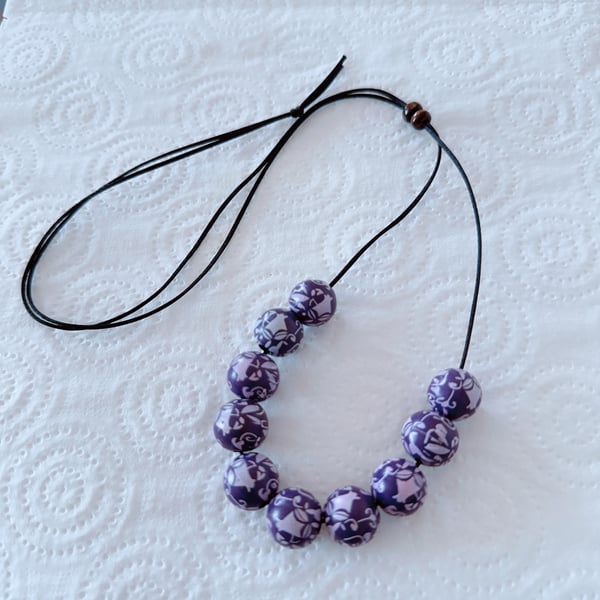 Wooden Bead Necklace for women, Printed Floral Purple Wood Beads on Satin Code