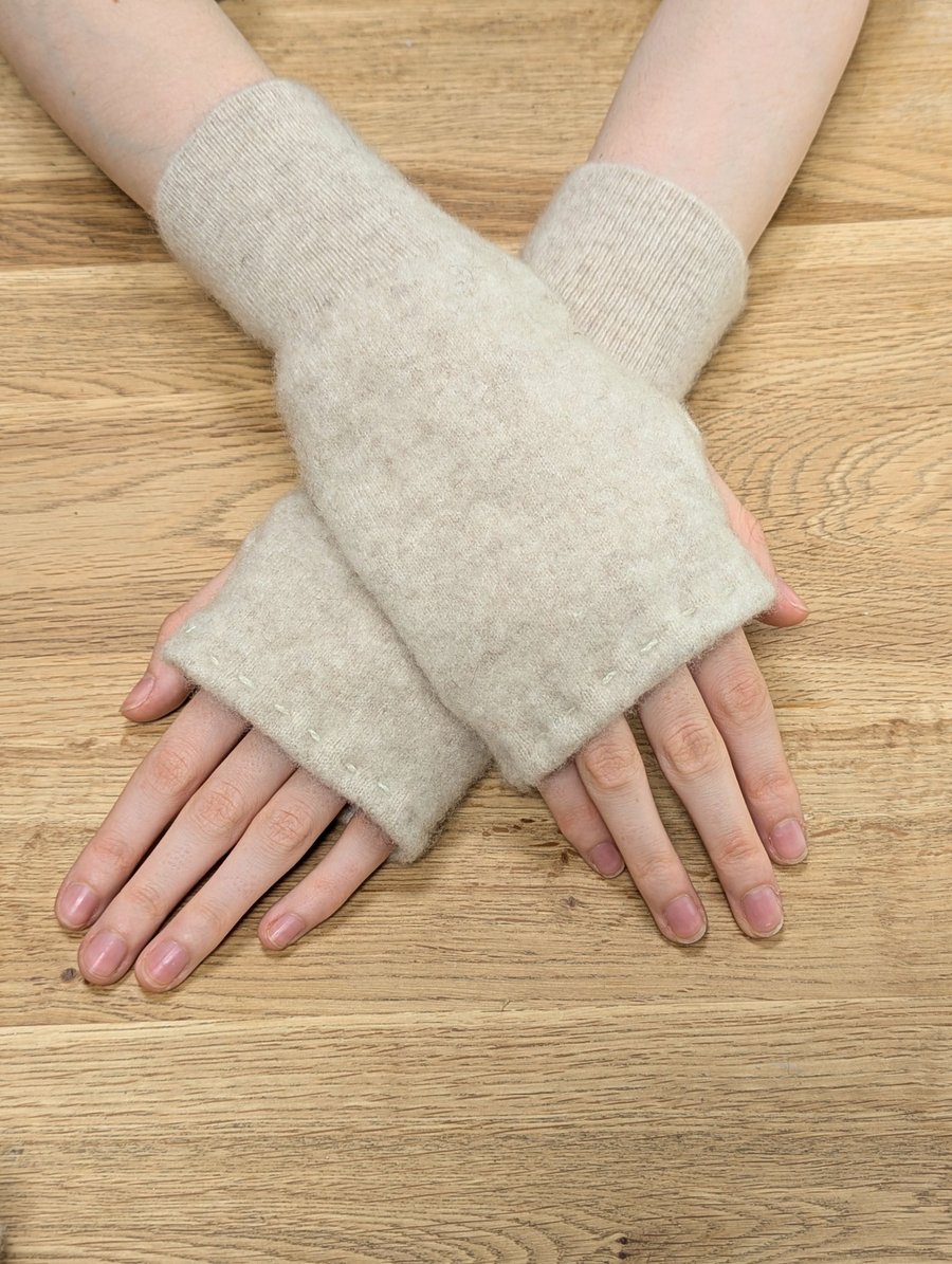 Super Soft Pale Beige Cashmere Wrist Warmers Upcycled from recycled knitwear 
