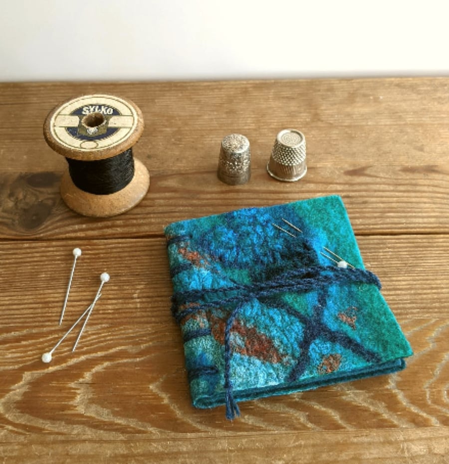 Needle case: felted merino wool in teals and turquoise
