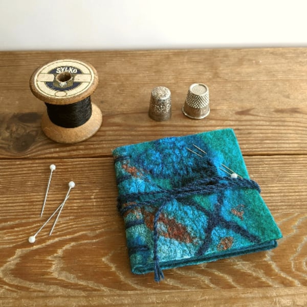 Needle case: felted merino wool in teals and turquoise