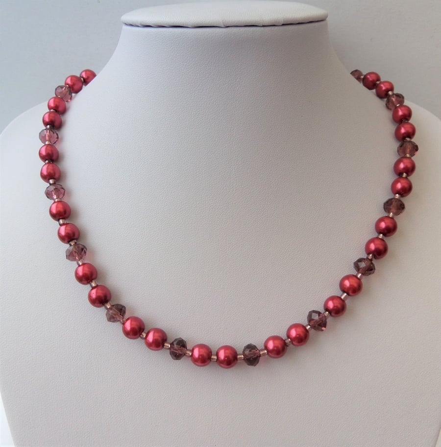 Burgundy glass pearl, wine rondelle crystal bead necklace.