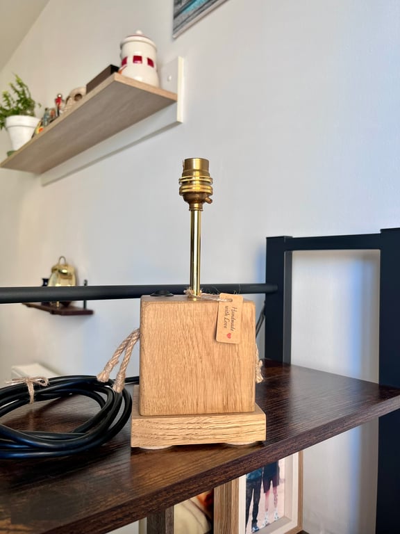 Rustic Oak Table Lamp with Tassels – Handmade Farmhouse Wooden Light