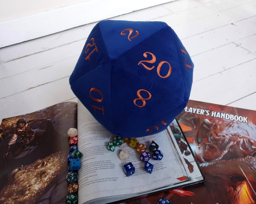 Big Boy D20 Plushie in a Super Soft Royal Blue Velvet with Embroidered Numbers
