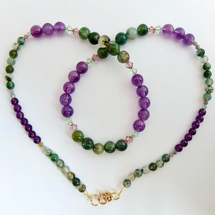 Amethyst, Moss Agate & Crystal Necklace - Birthday, Anniversary, Gifts For Her