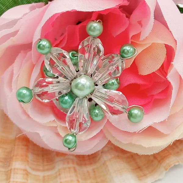 Clear Crystal and Green Pearl Beaded Flower Brooch, Jewellery Gift for Her