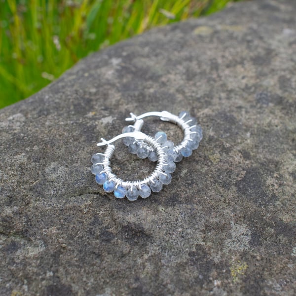 Labradorite Gemstone Beaded Hoop Earrings 