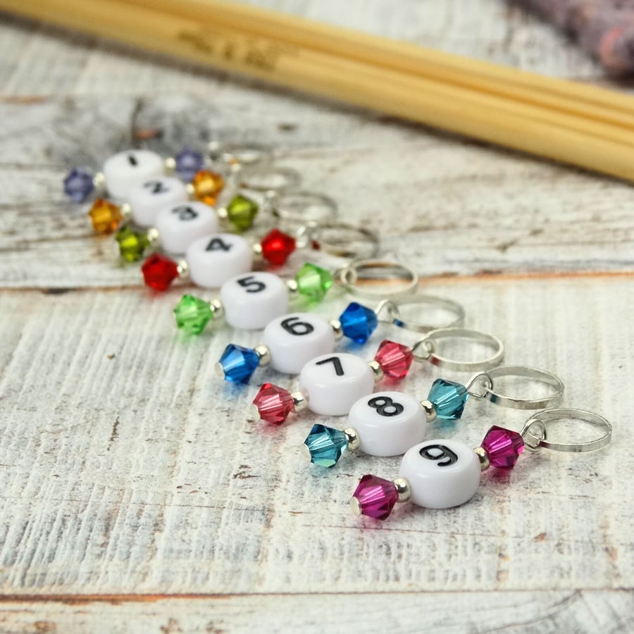 Stitch Marker Set - Bejewelled Numbered 1-9 Stitch Marker Set for Counting in Kn