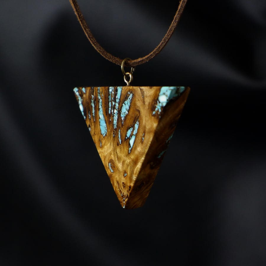 Triangle Necklace, Mappa Burr Wood & Real Turquoise Stone Inlay (not resin) 