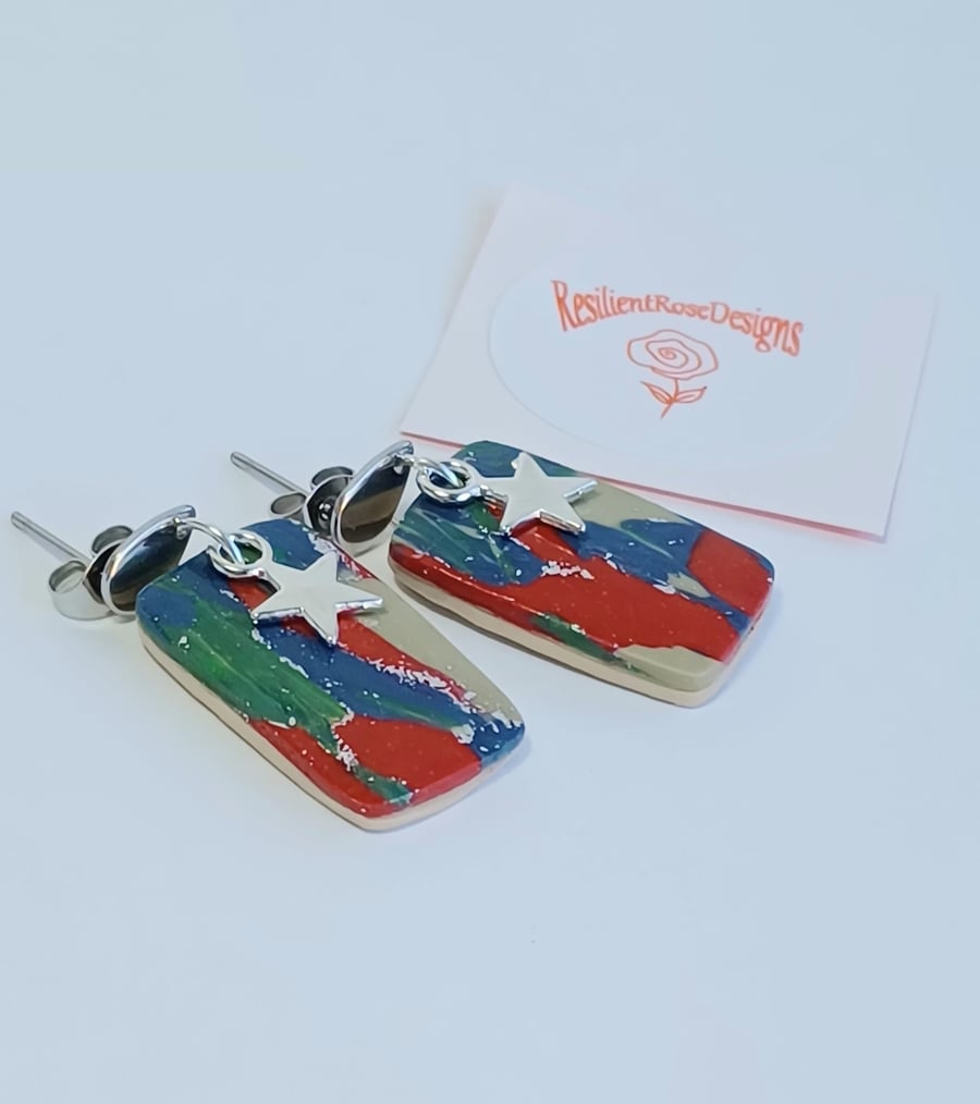 Red, green & blue multi rectangle dangle earrings 