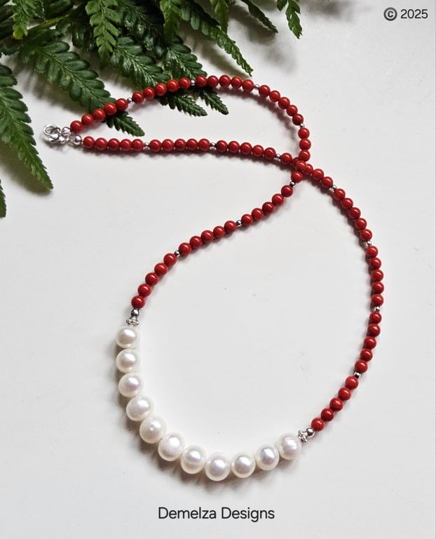 Bamboo Eco Coral & Baroque Freshwater Culture Pearl Sterling Silver Necklace 