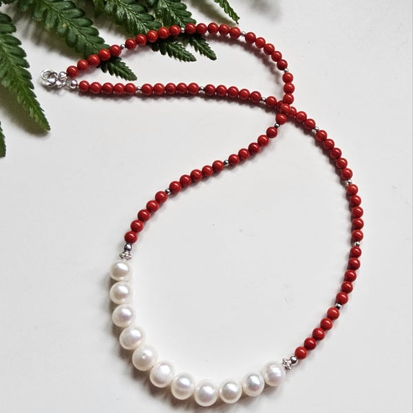 Bamboo Eco Coral & Baroque Freshwater Culture Pearl Sterling Silver Necklace 