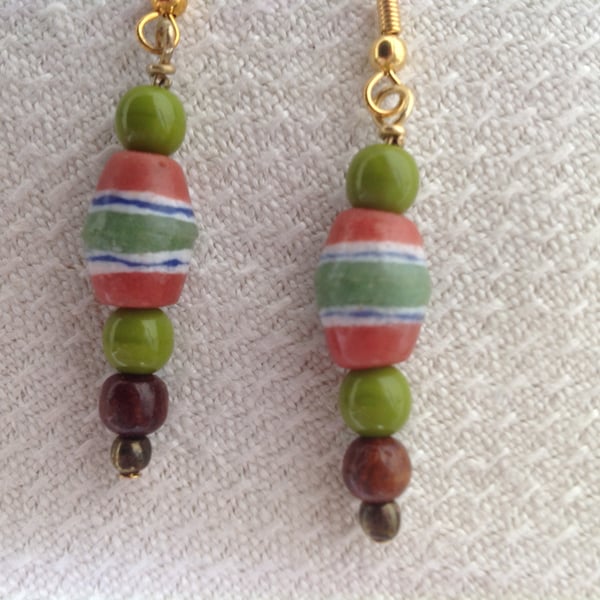 Burnt orange,olive green and brown bead earrings