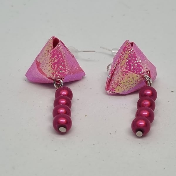 Origami earrings:  pink iridescent paper and miracle beads 