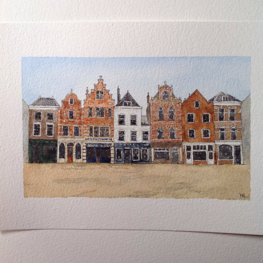 Early morning shops, Holland' watercolour